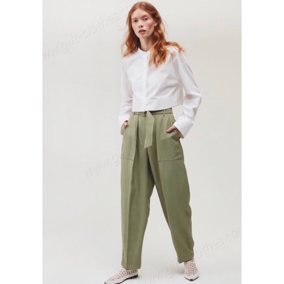 Aritzia Wilfred Le Fou Leonce Belted Pants High rise waist tapered pleated green - Picture 3 of 16